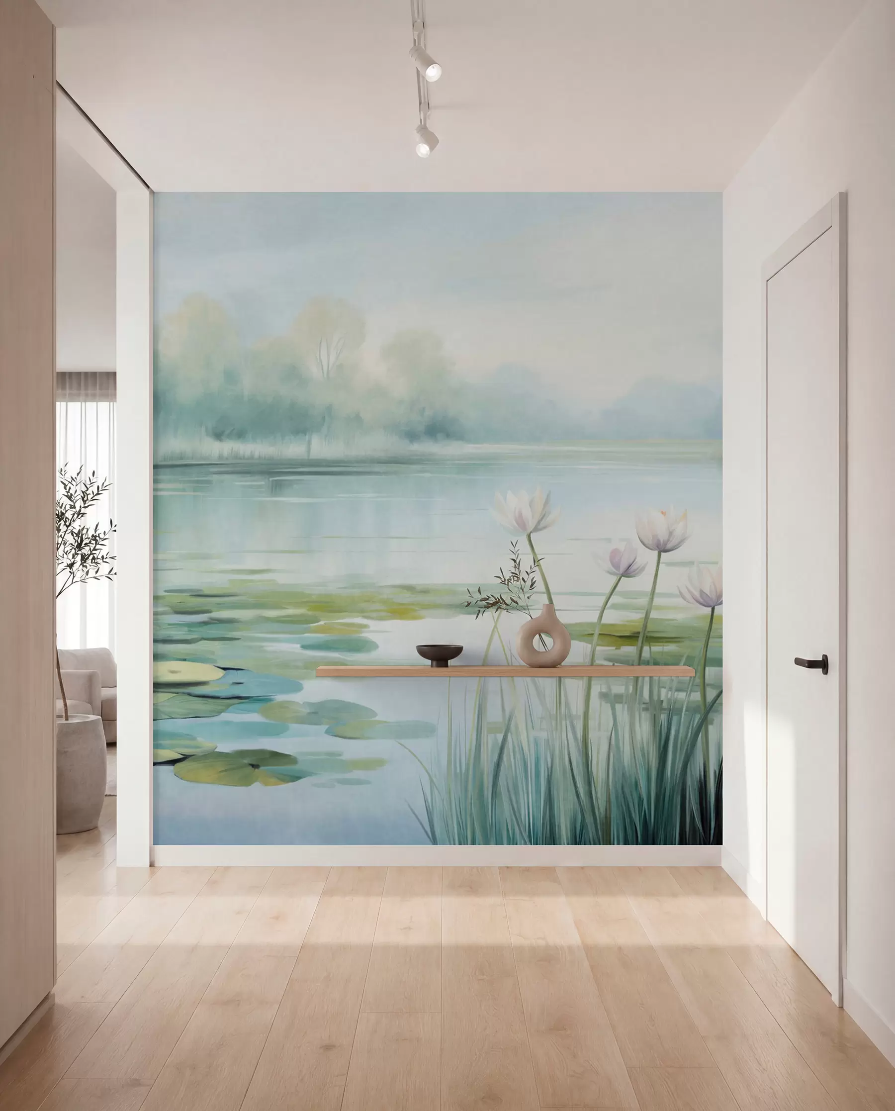 murais de parede Paisagem com um lago, nenúfares e folhas de nenúfar, árvores ao fundo, num ambiente tranquilo, tons de azul claro e verde w09395