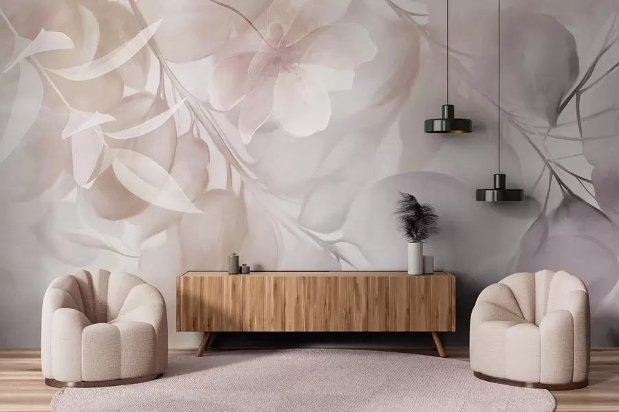 murais de parede Arte floral com flores, folhas e ramos em tons suaves de bege e castanho, cores pastel suaves, efeito texturado de aguarela w09397