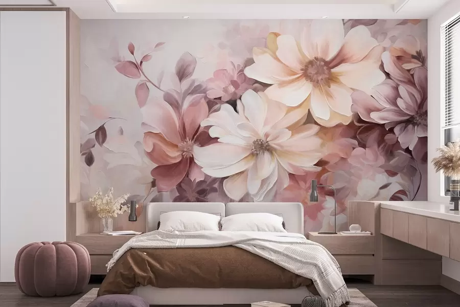 murais de parede Um arranjo floral com flores grandes e texturadas em tons suaves de bordô, pêssego e branco, com folhas delicadas w09398