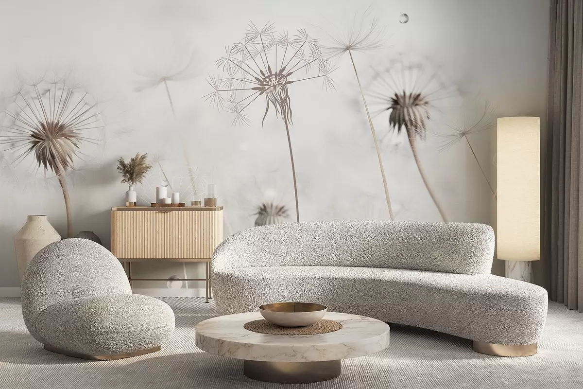 murais de parede Dentes-de-leão com gotas de água, fundo branco, close-up, luz suave, natureza, botânica, etéreo, delicado, minimalista w09399