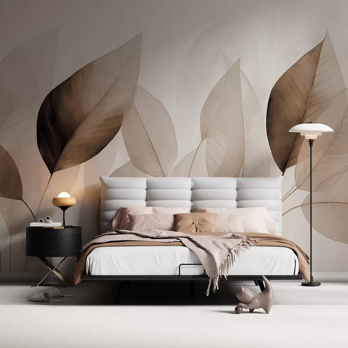 murais de parede Pintura texturizada imitando folhas em tons de castanho e bege, com veias e caules delicados w09400v1