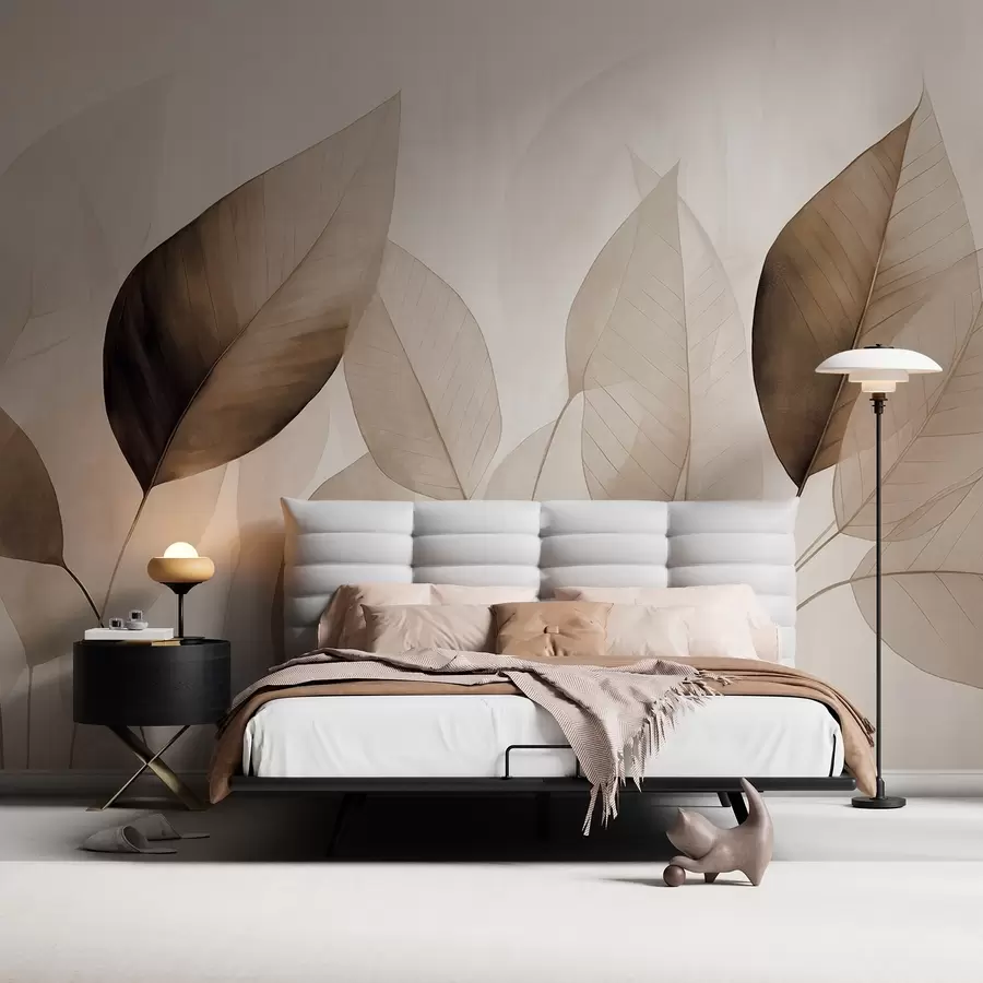 murais de parede Pintura texturizada imitando folhas em tons de castanho e bege, com veias e caules delicados w09400v1