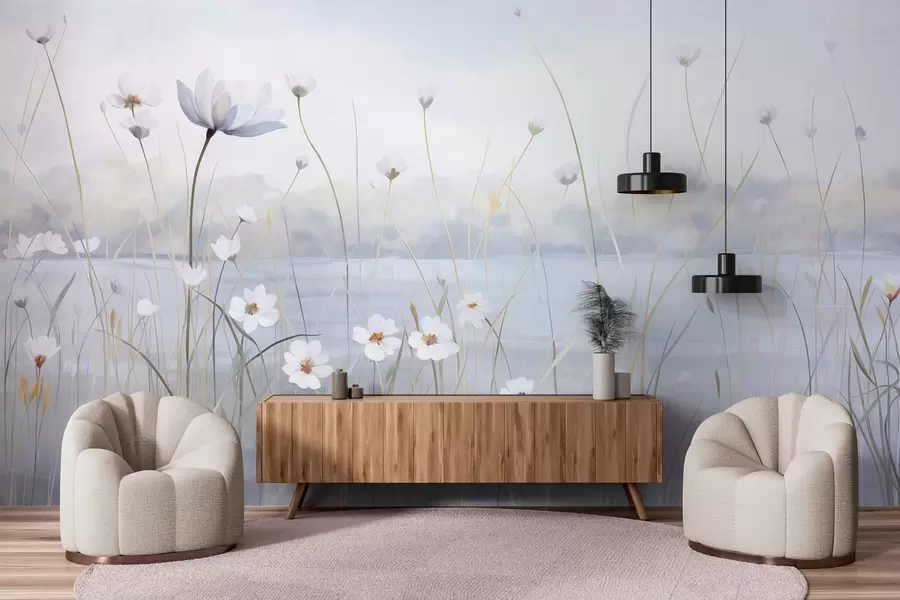 murais de parede Flores brancas com hastes longas num campo, céu azul claro, cores suaves, textura, estilo minimalista, inspirado na natureza, fundo calmo w09401