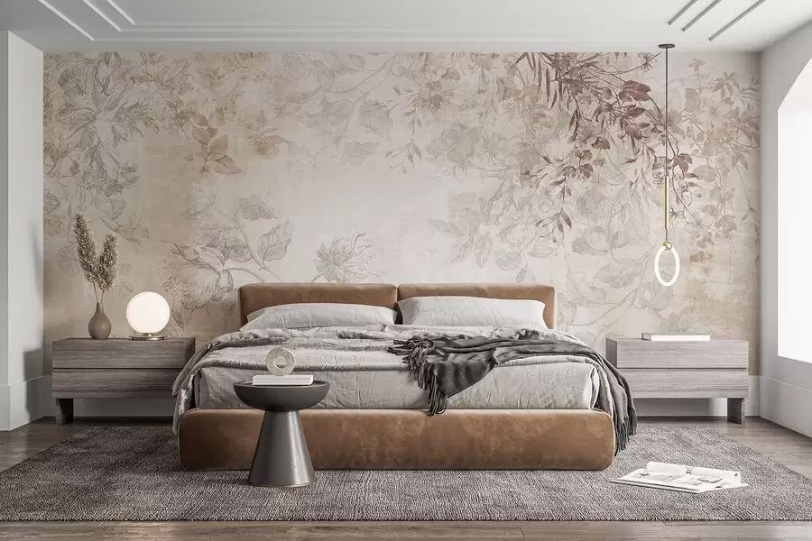murais de parede Arte floral vintage texturizada com ilustrações delicadas de flores e folhas de jardim em estilo desenho, tons suaves de bege pastel e sépia w09402