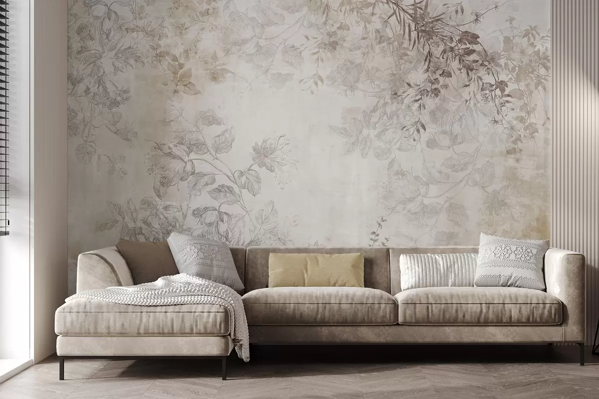 murais de parede Arte floral vintage texturizada com ilustrações delicadas de flores e folhas de jardim em estilo desenho, tons suaves de bege pastel e sépia w09402