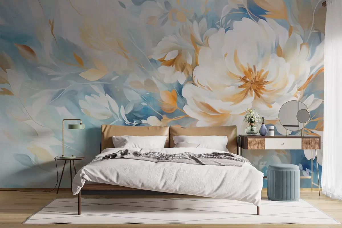 murais de parede Flor branca texturizada com detalhes azuis e amarelos e folhas sobre um fundo abstrato azul e branco, estilo pintura w09403