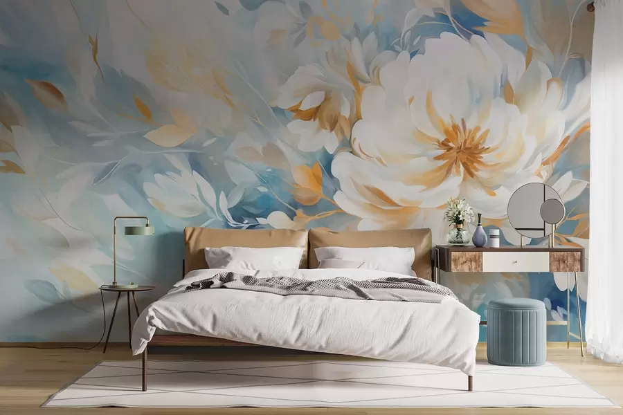 murais de parede Flor branca texturizada com detalhes azuis e amarelos e folhas sobre um fundo abstrato azul e branco, estilo pintura w09403