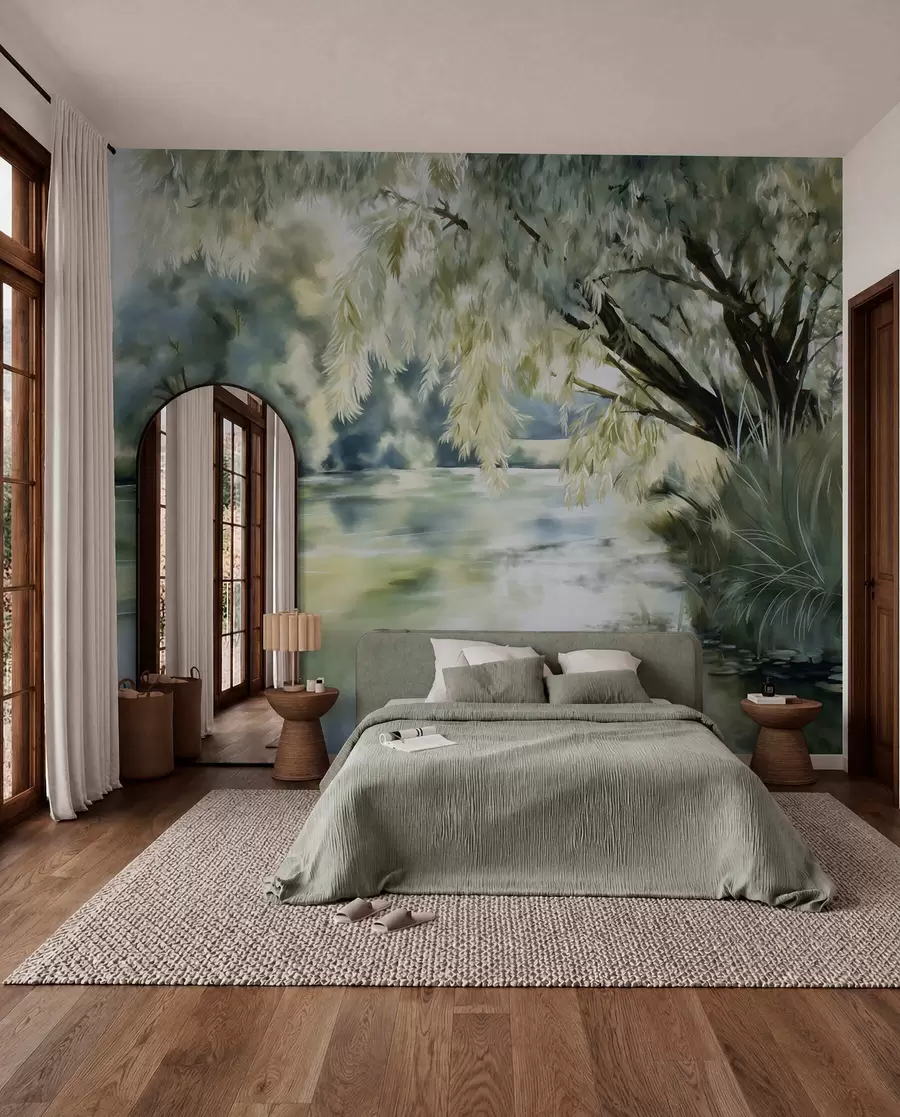 murais de parede árvore em estilo aquarela acima do lago w04501