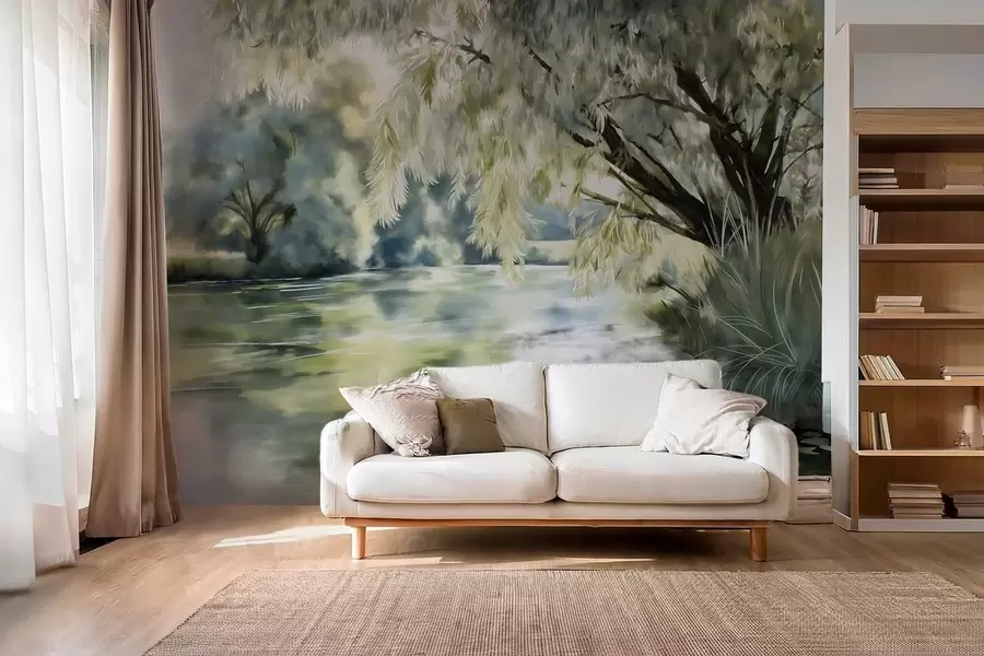 murais de parede árvore em estilo aquarela acima do lago w04501