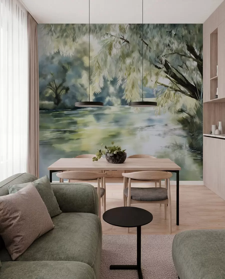 murais de parede árvore em estilo aquarela acima do lago w04501