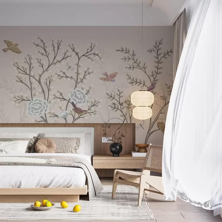 murais de parede Árvores com pássaros e flores w04605