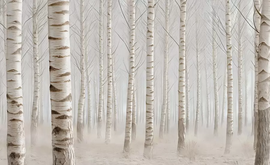 murais de parede Floresta de bétulas no nevoeiro, minimalismo luminoso w04574