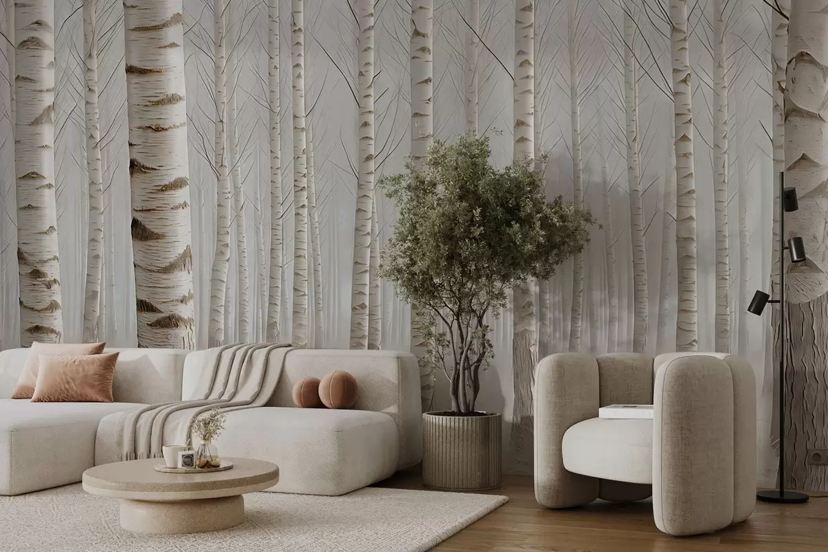 murais de parede Floresta de bétulas no nevoeiro, minimalismo luminoso w04574