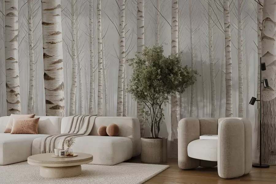 murais de parede Floresta de bétulas no nevoeiro, minimalismo luminoso w04574