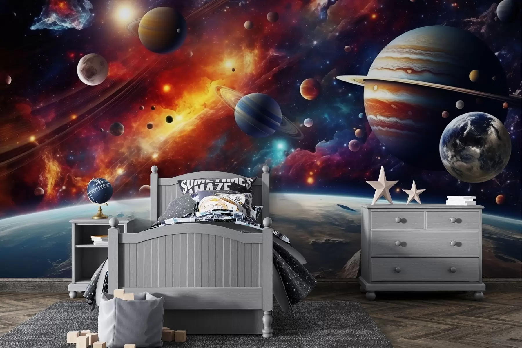 murais de parede Cosmos colorido com planetas e nebulosas w04576
