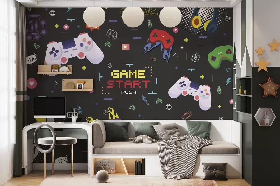 murais de parede Padrão brilhante para gamers com consolas e texto pixelizado w04581
