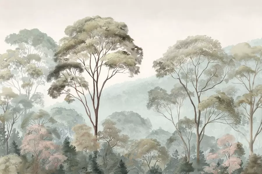 murais de parede Manhã enevoada na floresta em estilo aquarela w09405