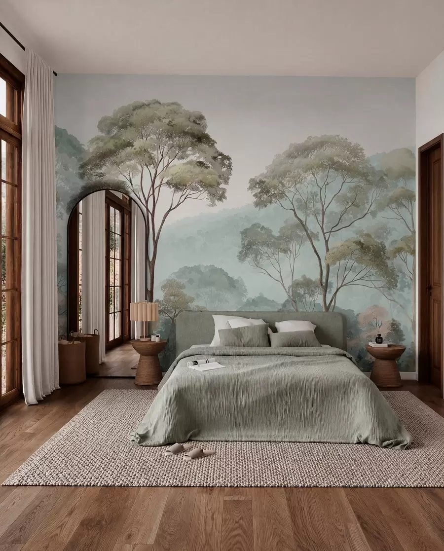 murais de parede Manhã enevoada na floresta em estilo aquarela w09405