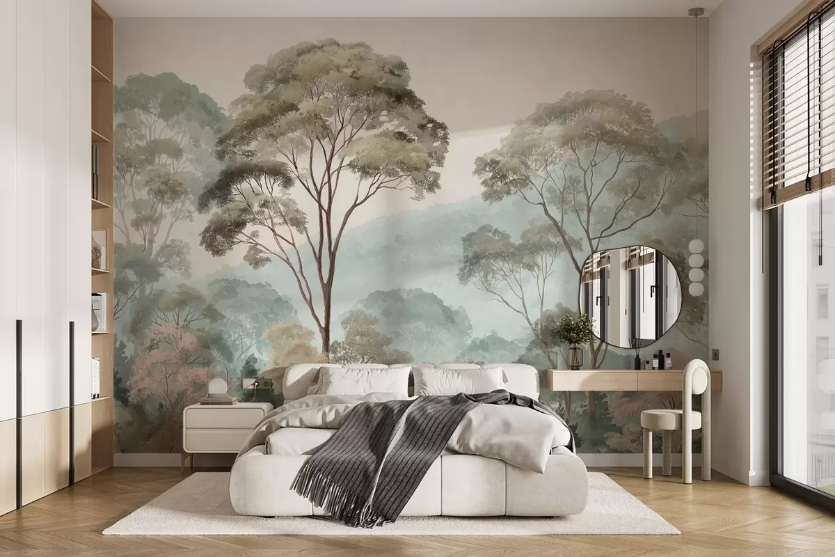 murais de parede Manhã enevoada na floresta em estilo aquarela w09405