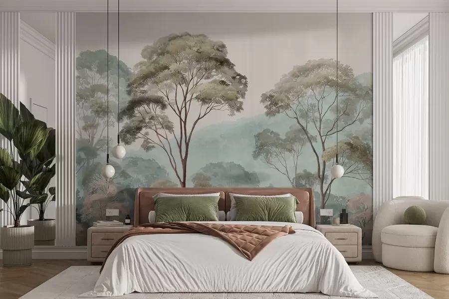 murais de parede Manhã enevoada na floresta em estilo aquarela w09405