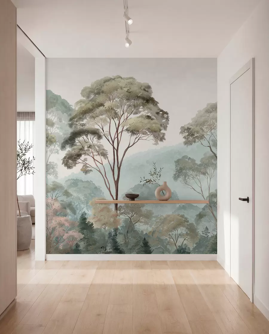 murais de parede Manhã enevoada na floresta em estilo aquarela w09405