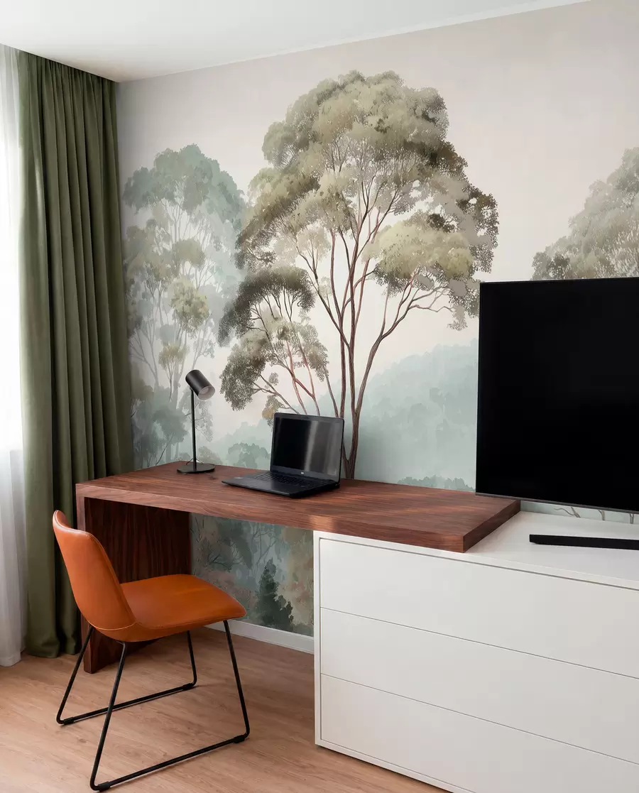 murais de parede Manhã enevoada na floresta em estilo aquarela w09405