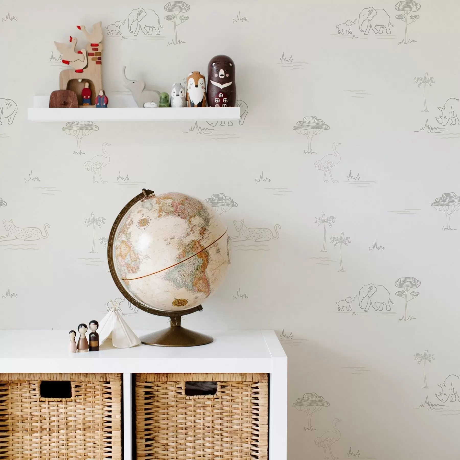 murais de parede Safári minimalista: elefantes, rinocerontes, leopardos e palmeiras a00492