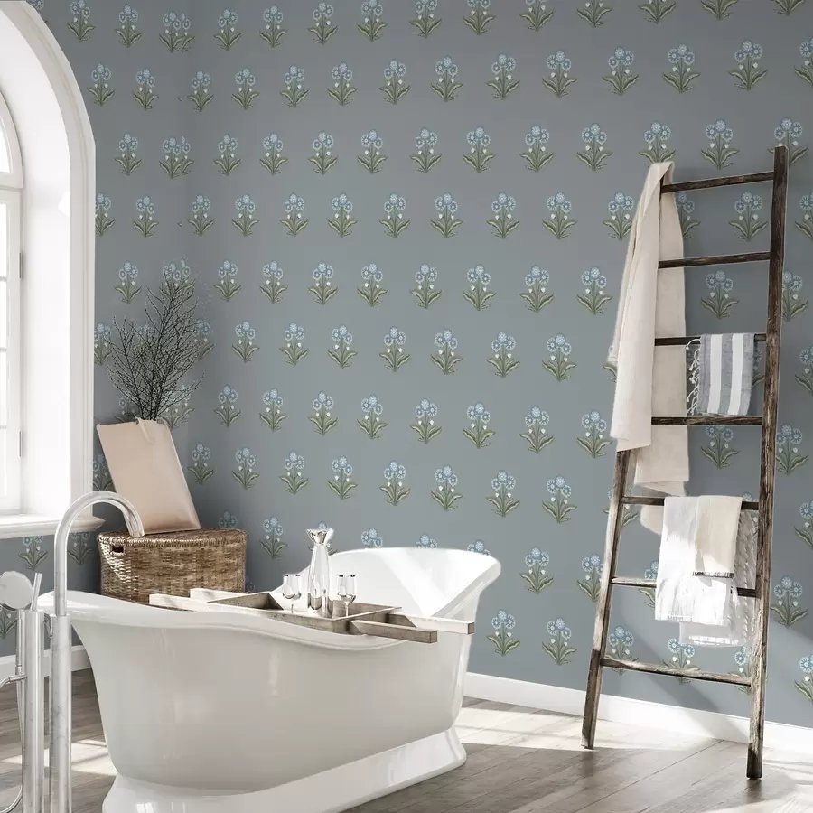 murais de parede Flores estilizadas sobre fundo cinza-azulado, paleta de cores frias a00494v1