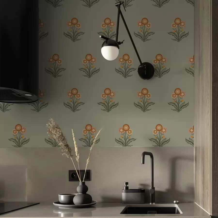 murais de parede Flores estilizadas sobre fundo verde-oliva, tons quentes a00494v2