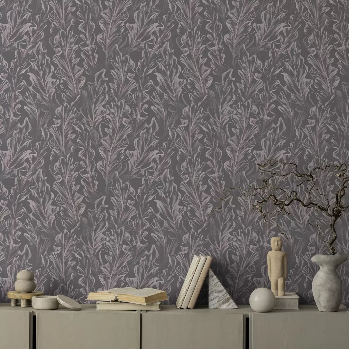 Papel de parede Ondas fluidas de folhas sobre um fundo grafite, alto contraste a00495v1