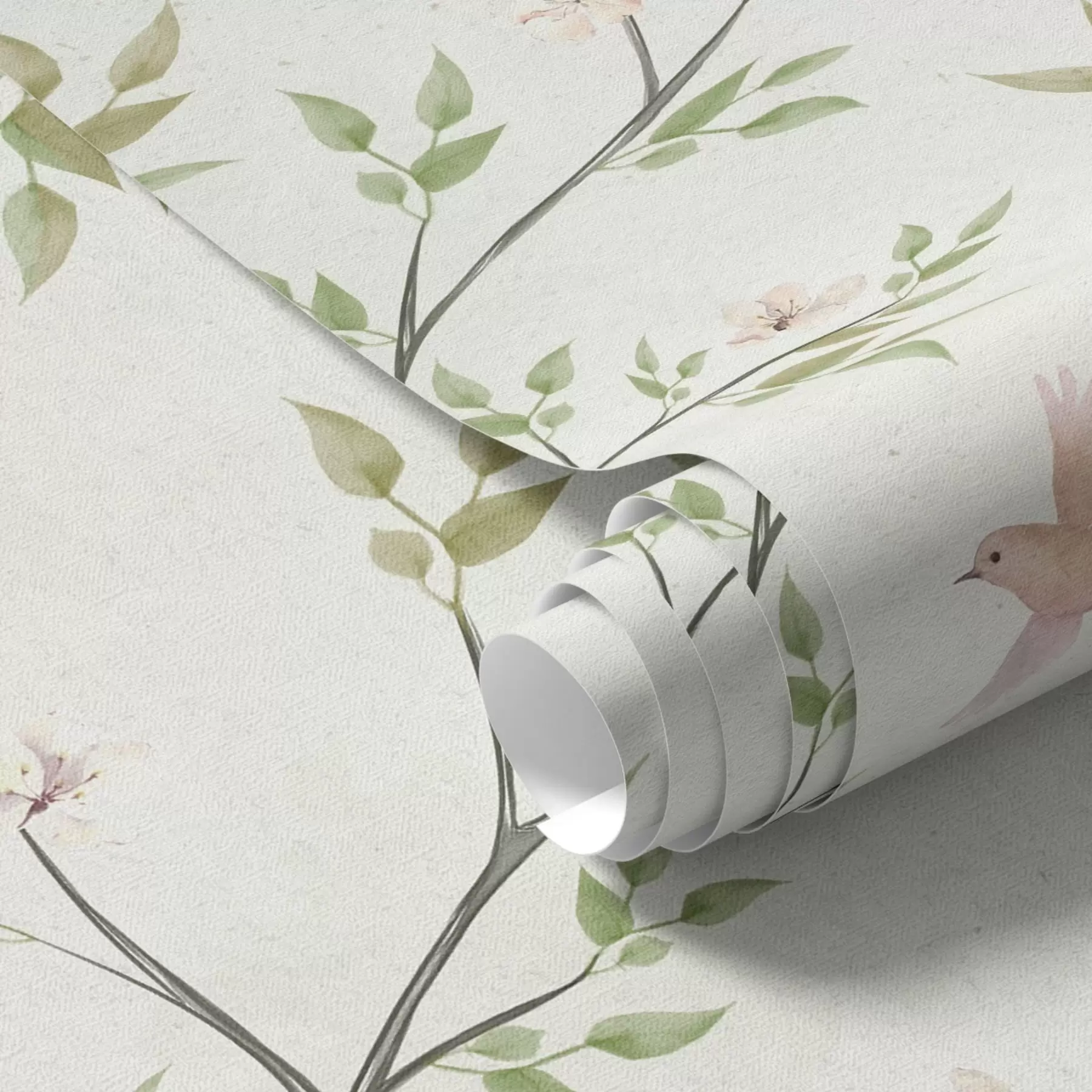 murais de parede Galhos em aquarela com folhas e pássaros sobre um fundo claro a00496