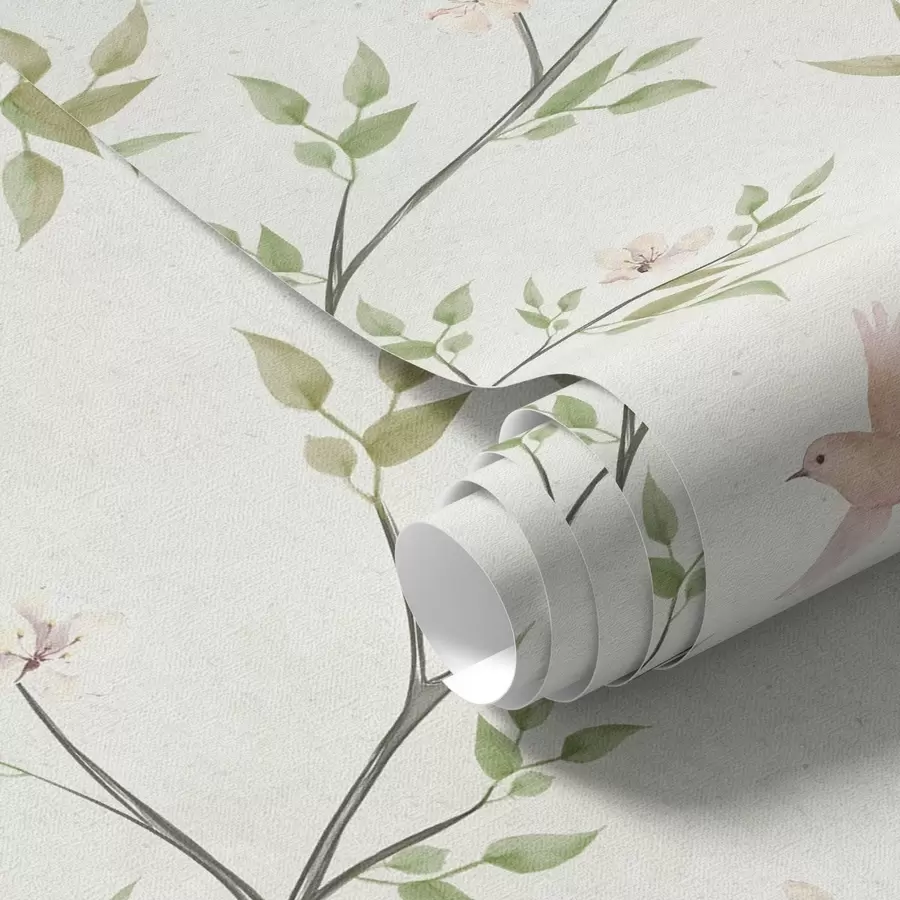 murais de parede Galhos em aquarela com folhas e pássaros sobre um fundo claro a00496