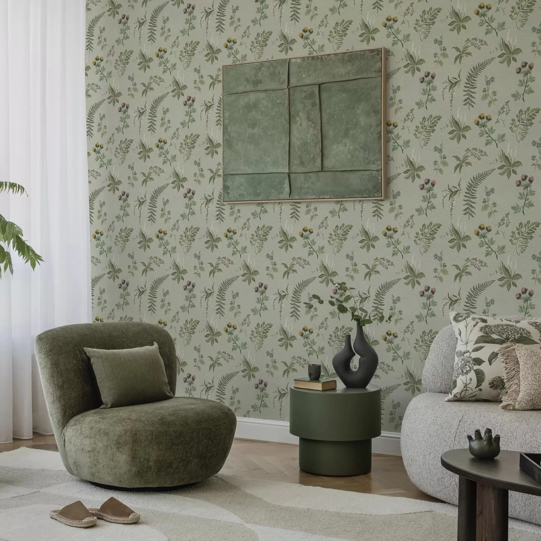murais de parede Ervas botânicas e fetos em verde-acinzentado claro a00498