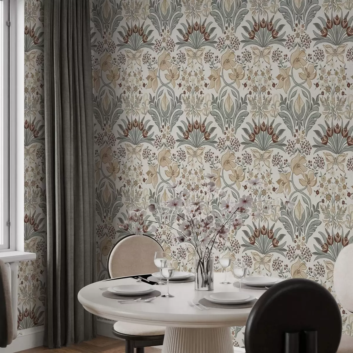 Papel de parede Lírios decorativos e uma borboleta sobre fundo creme a00500