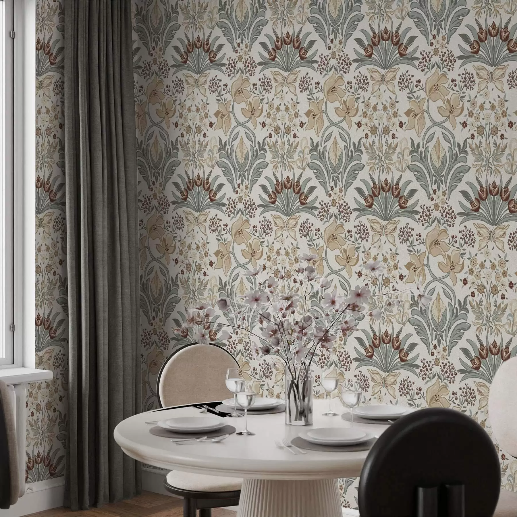 murais de parede Lírios decorativos e uma borboleta sobre fundo creme a00500