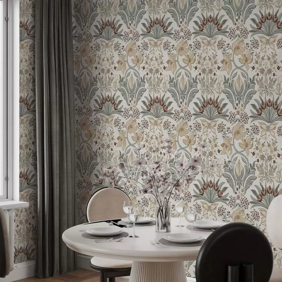 murais de parede Lírios decorativos e uma borboleta sobre fundo creme a00500