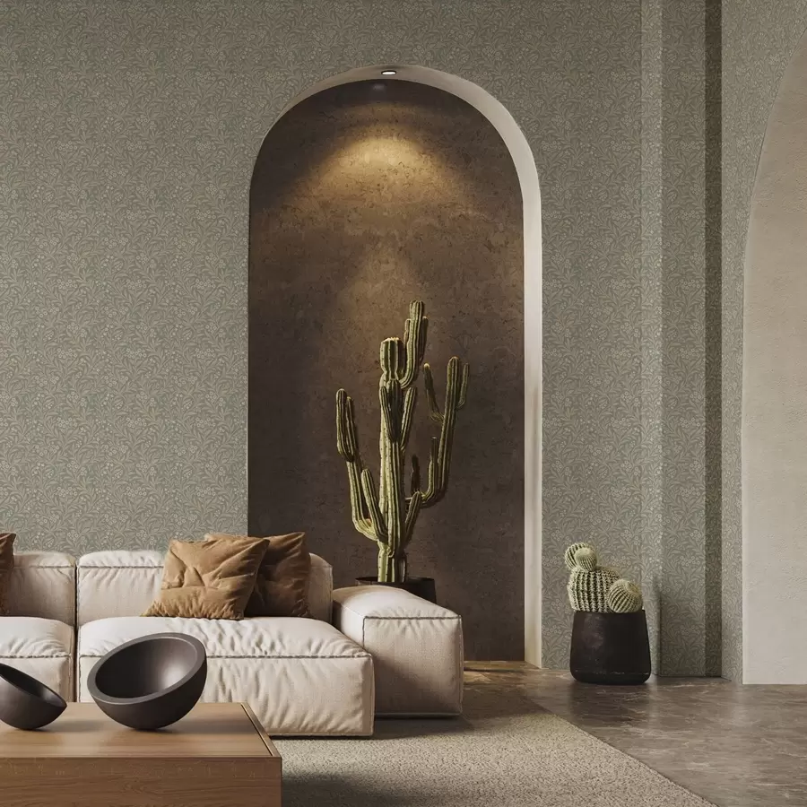 murais de parede Estilo Morris: ramos bege sobre fundo cinza-esverdeado a00569