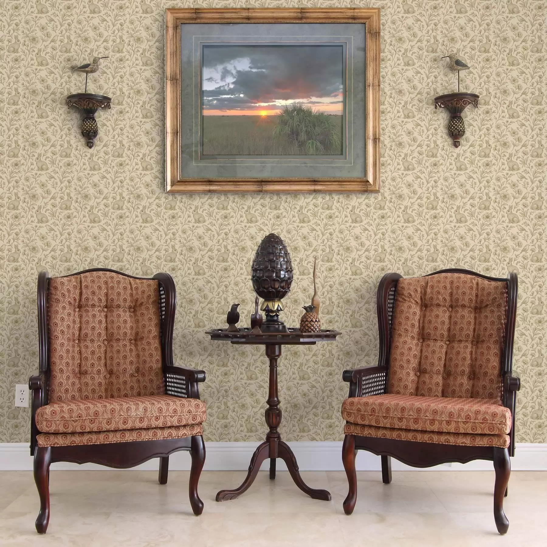 murais de parede Coelhos e pássaros num padrão floral a00571