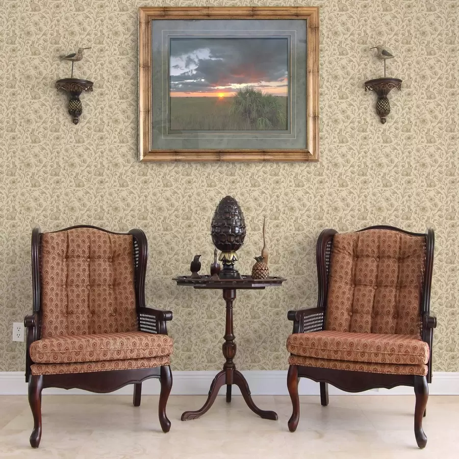 murais de parede Coelhos e pássaros num padrão floral a00571