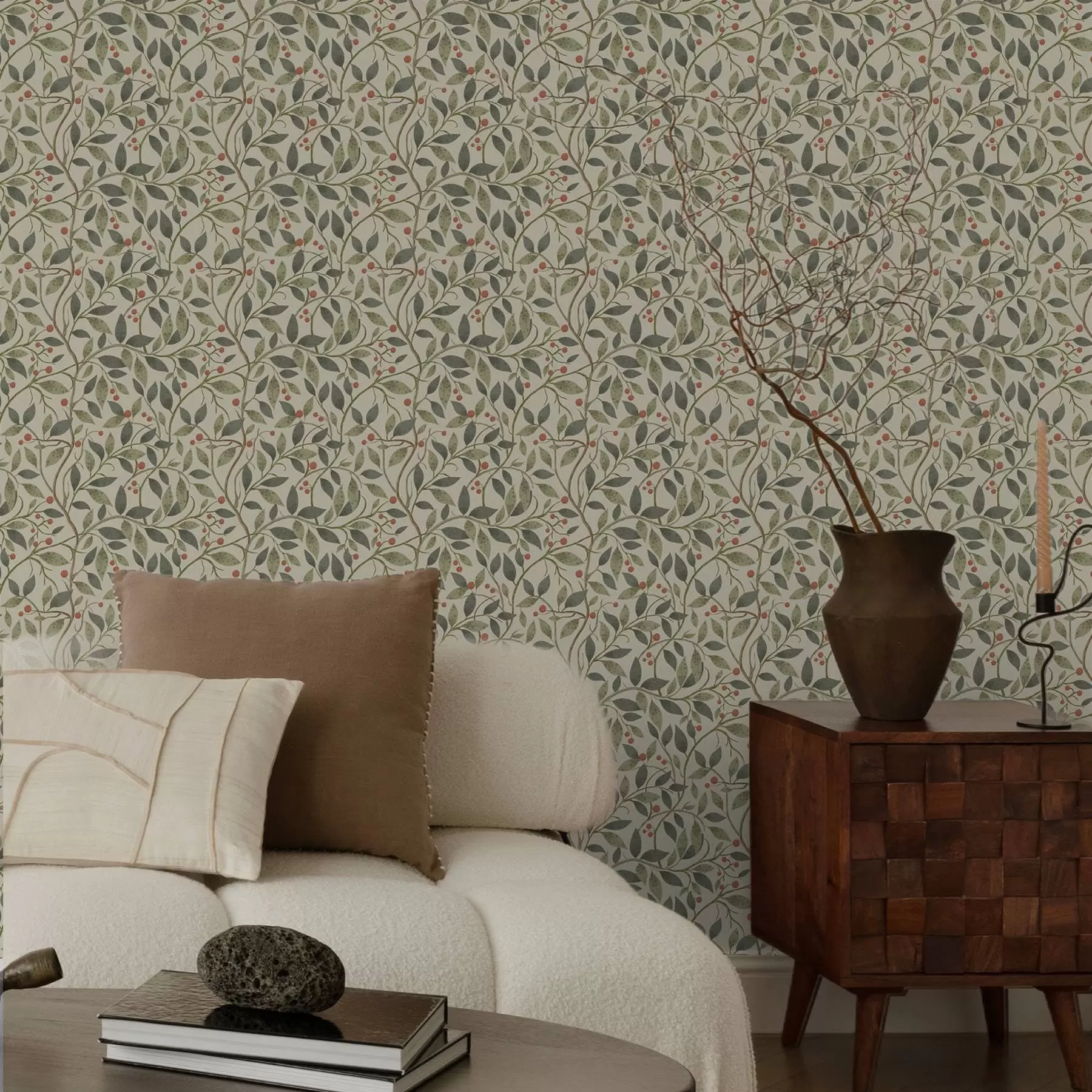 murais de parede Ramos de oliveira com bagas sobre um fundo claro e quente a00573