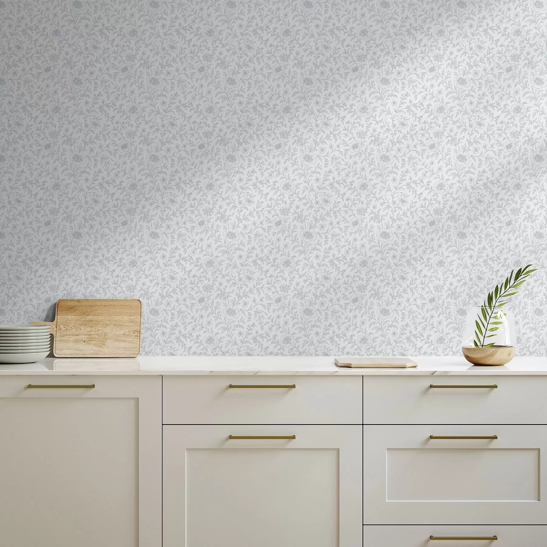 murais de parede Flores finas em linha azul sobre fundo branco sujo a00576