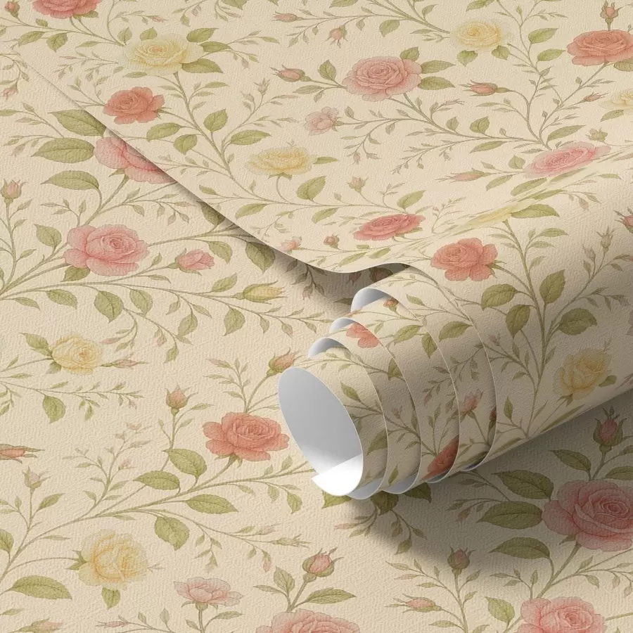 murais de parede Rosas vintage em tons de pêssego e amarelo sobre fundo creme a00577