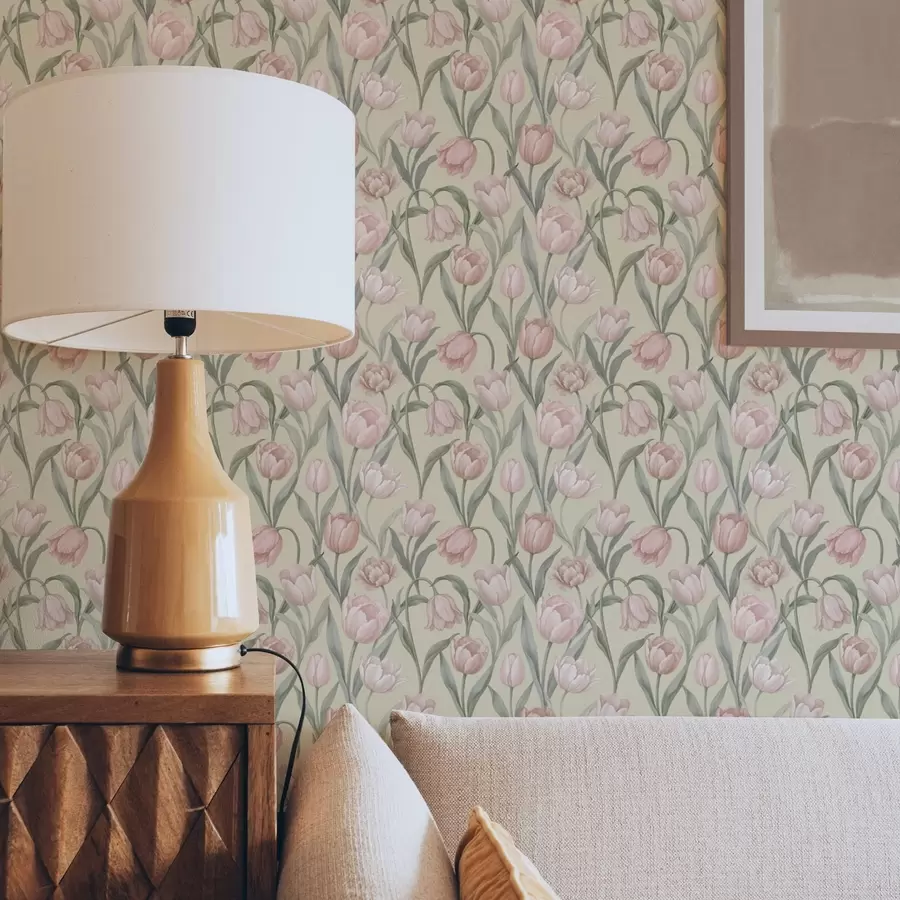 murais de parede Tulipas rosa suave sobre um fundo bege delicado a00589
