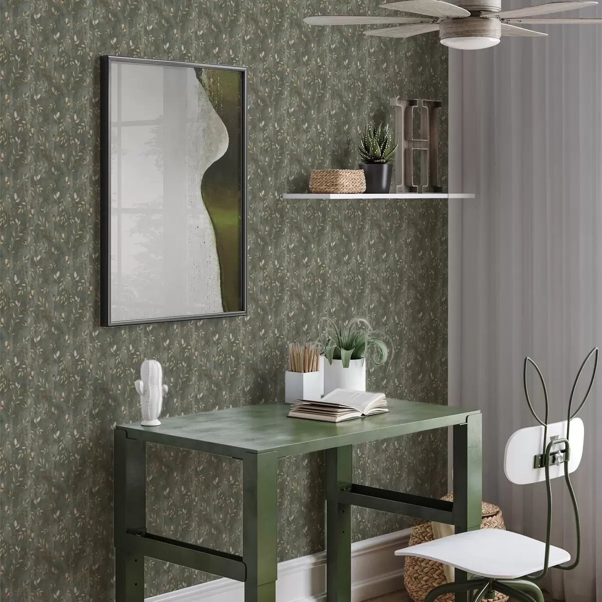 Papel de parede Pássaros em folhagem alaranjada sobre um fundo verde intenso a00591