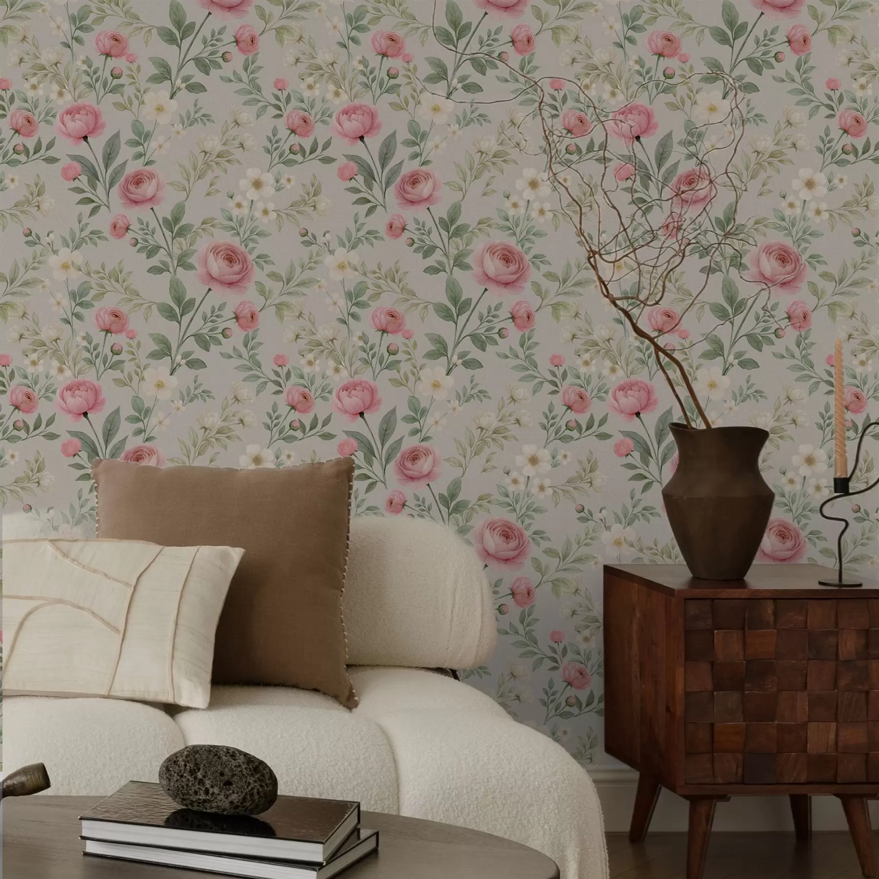 murais de parede Peônias em aquarela e flores brancas sobre fundo cinza-bege a00592