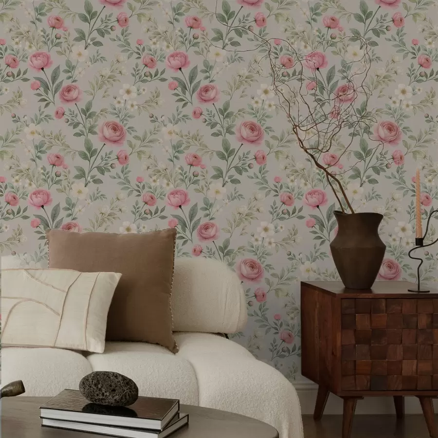 murais de parede Peônias em aquarela e flores brancas sobre fundo cinza-bege a00592