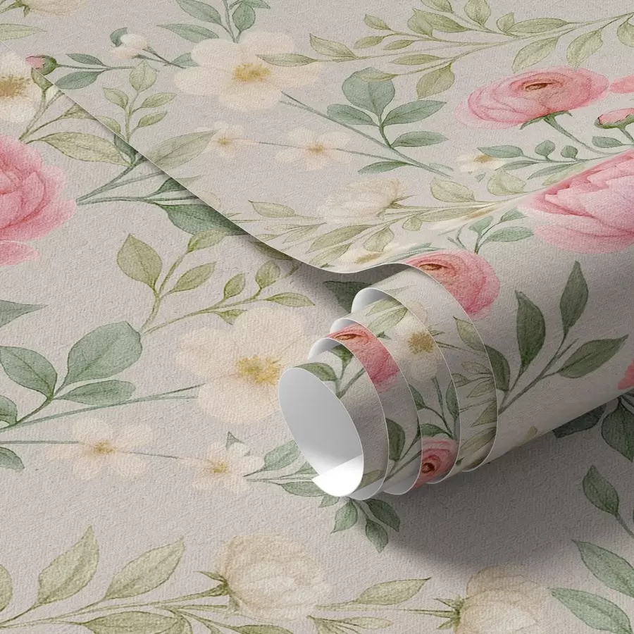 murais de parede Peônias em aquarela e flores brancas sobre fundo cinza-bege a00592