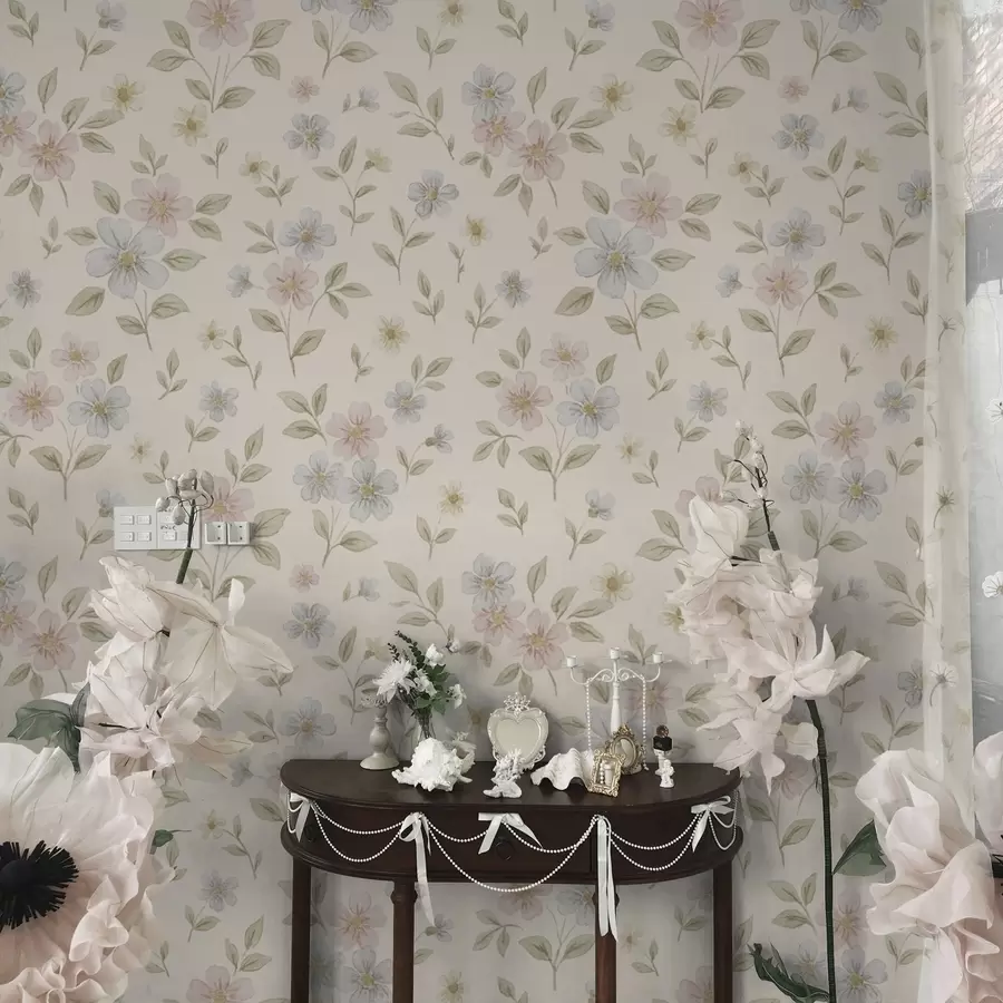 murais de parede Flores campestres em tons pastel sobre fundo creme a00596