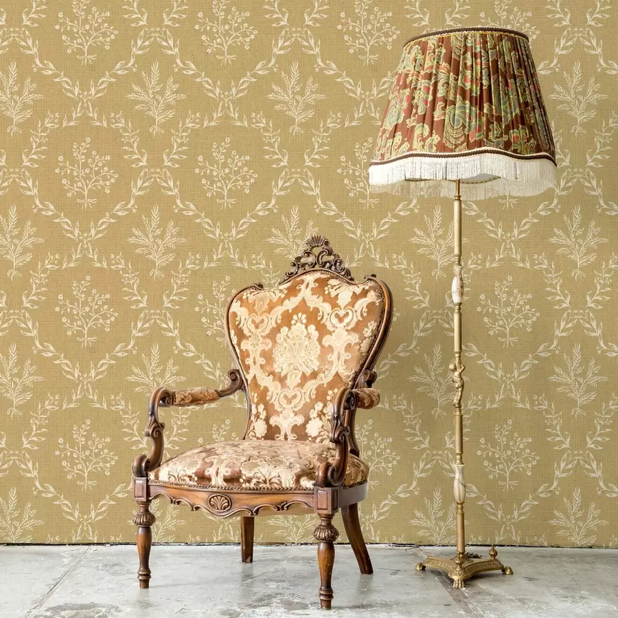 murais de parede Grinaldas brancas de ervas e flores sobre um fundo mostarda a00599