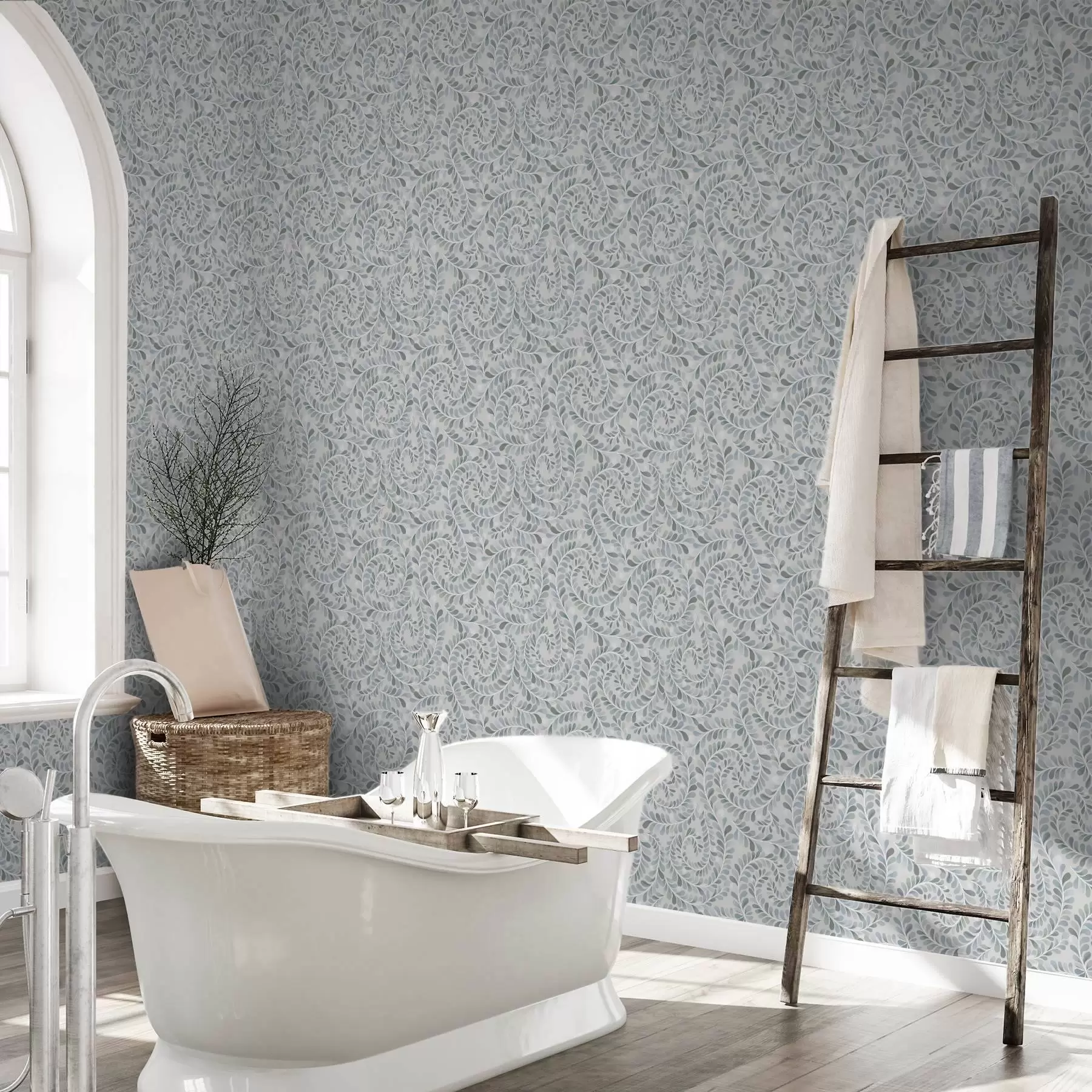 murais de parede Folhas em espiral numa paleta de tons azul-cinza-verde a00602